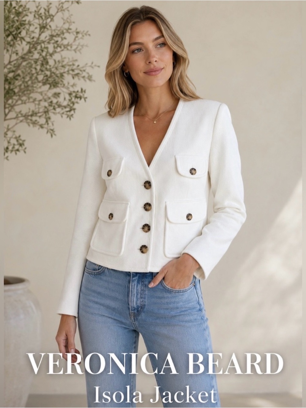 Veronica Beard Ivory V-Neck Isola Jacket with Patch Pockets